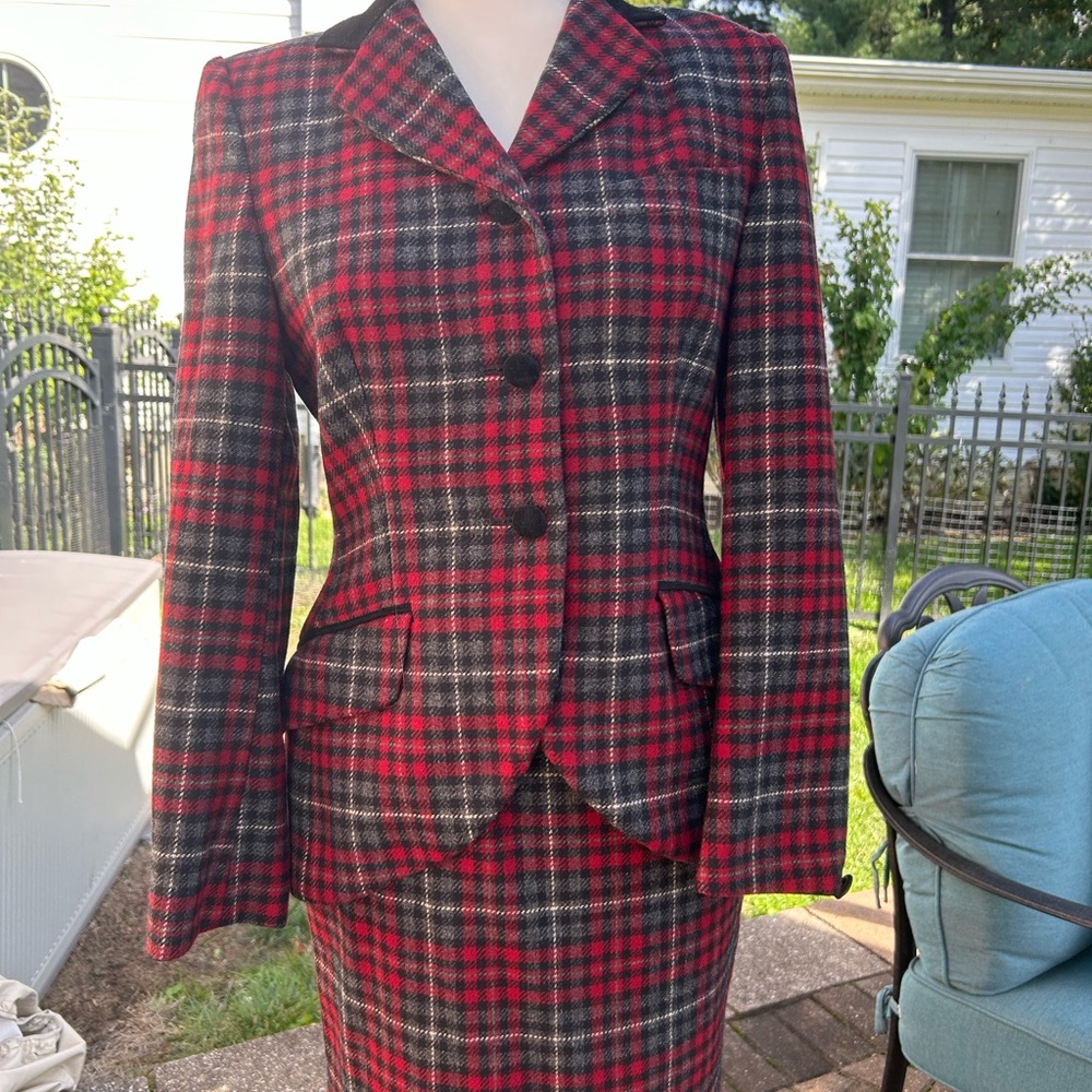Laura Ashley Red and Black Plaid Blazer and skirt